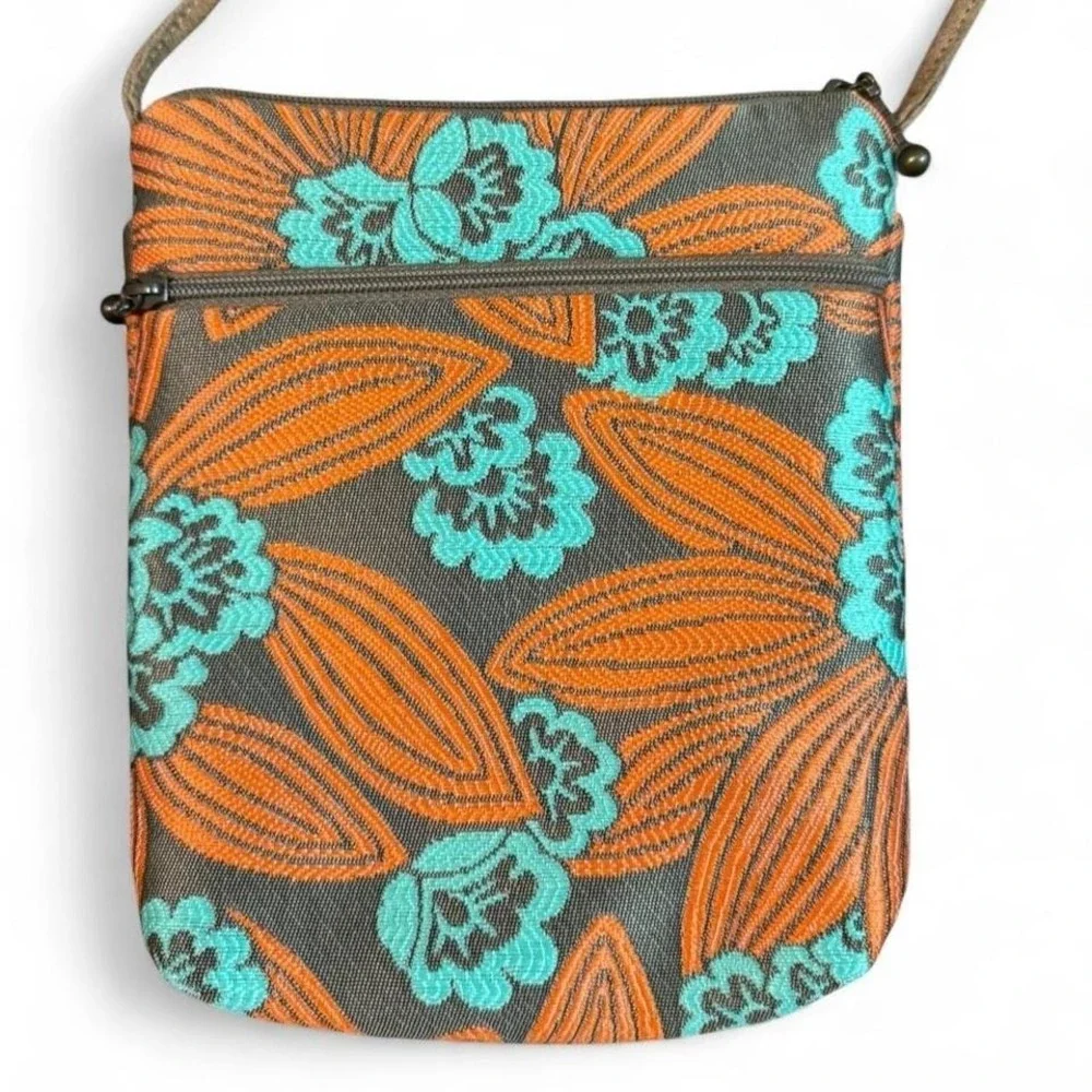 Maruca Designs "Busy Bee" small crossbody bag teal floral jacquard fabric - Picture 2 of 7